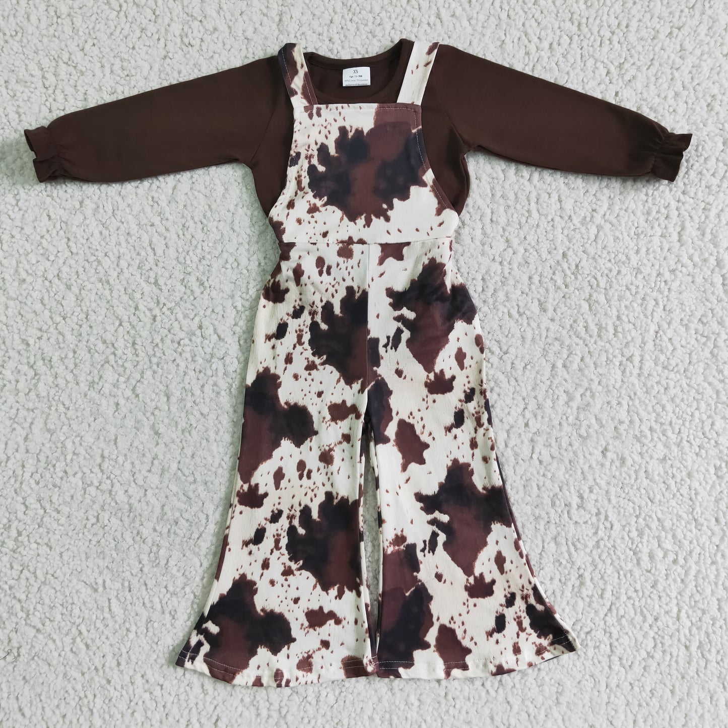 Brown cotton shirt cow print overalls girls clothing