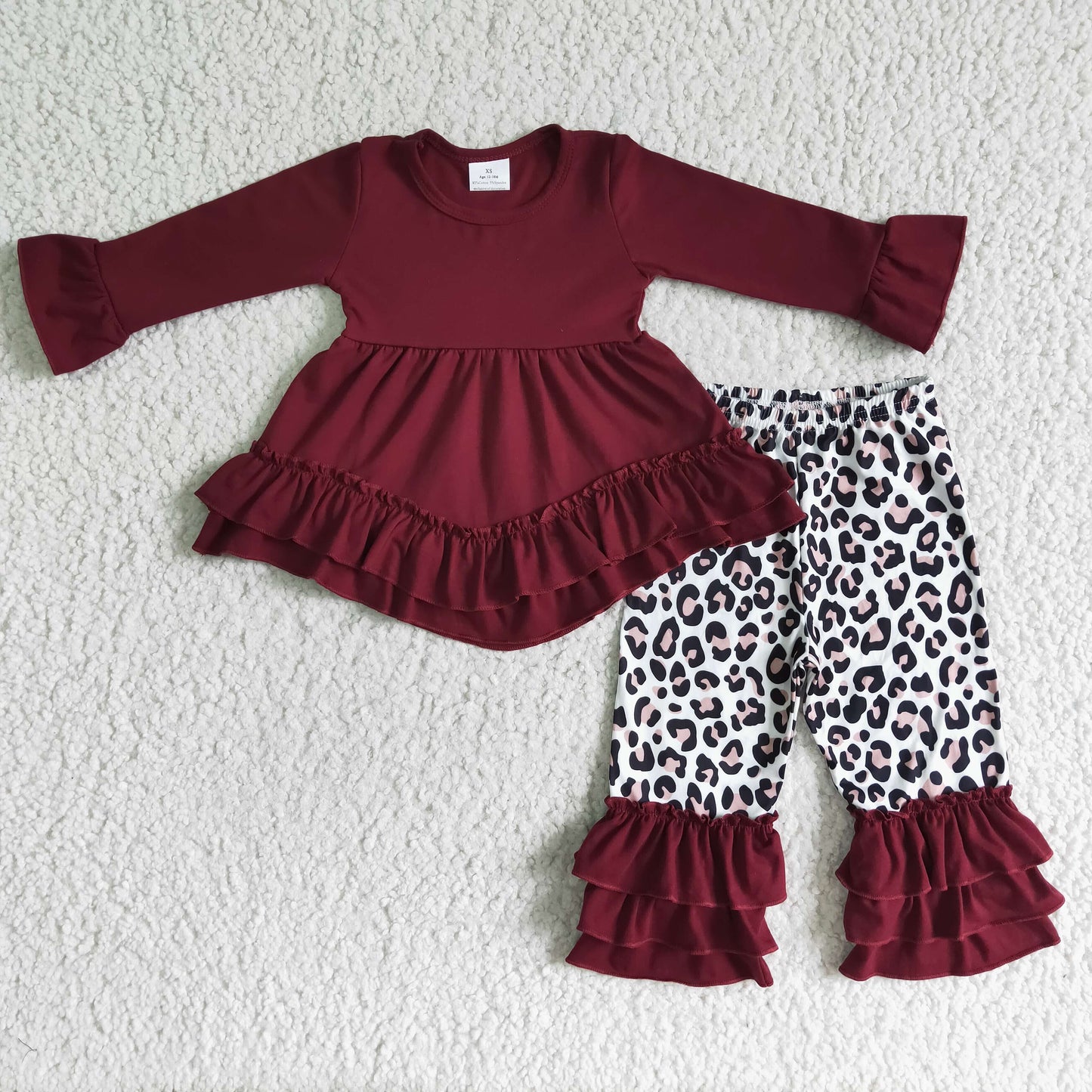 Maroon cotton tunic leopard ruffle pants girls fall winter clothing