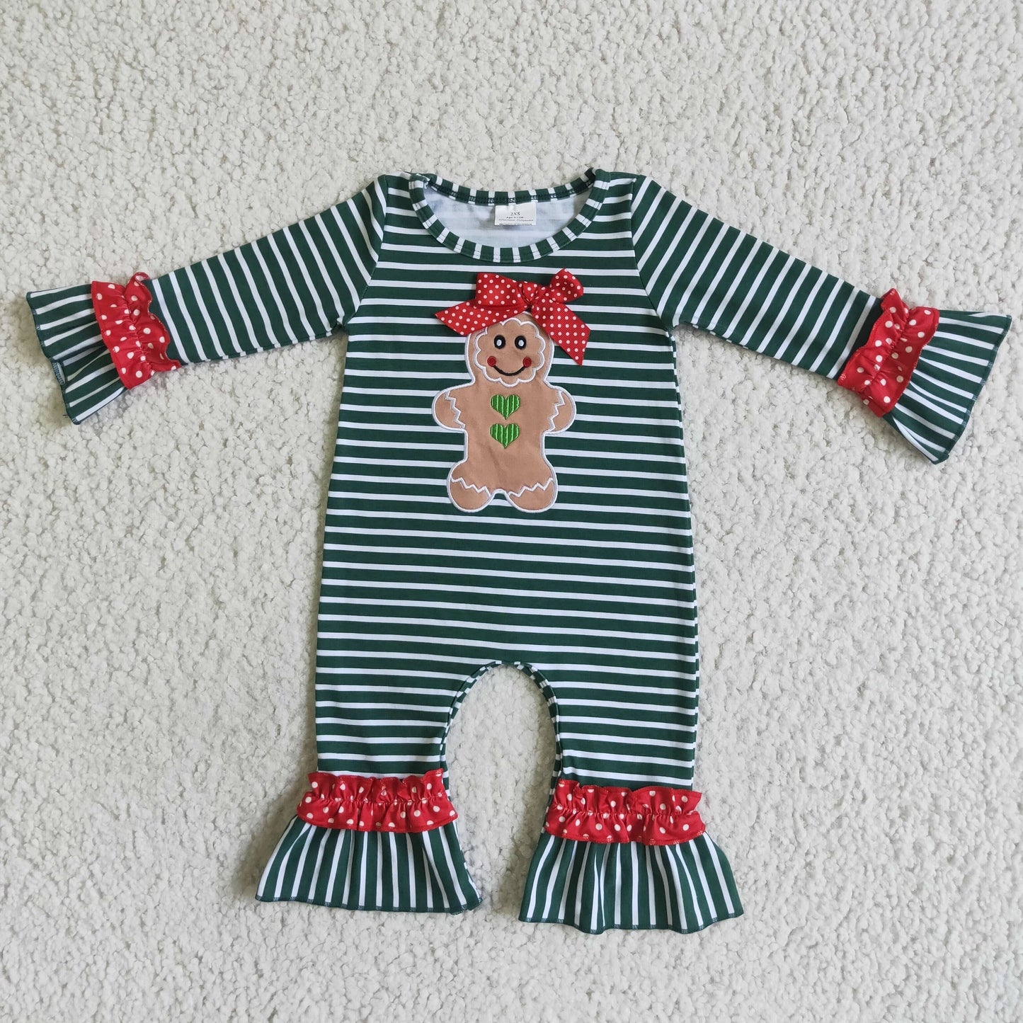Gingerbread embroidery cotton stripe baby girls Christmas rompers