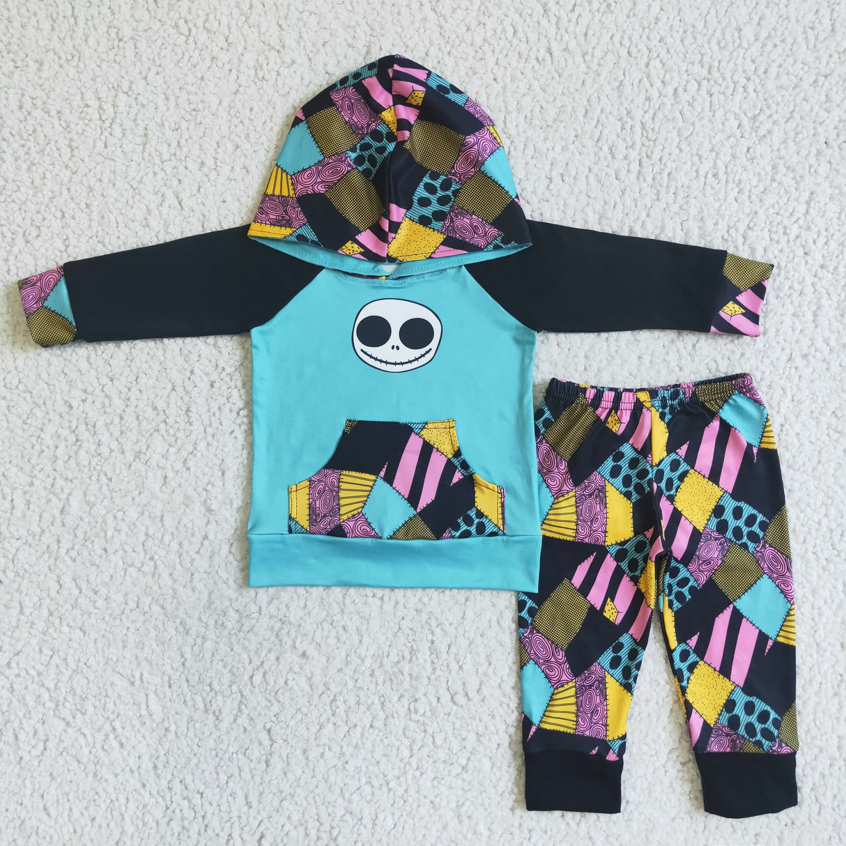 Skull screen print hoodie patchwork pants boy Halloween outfits