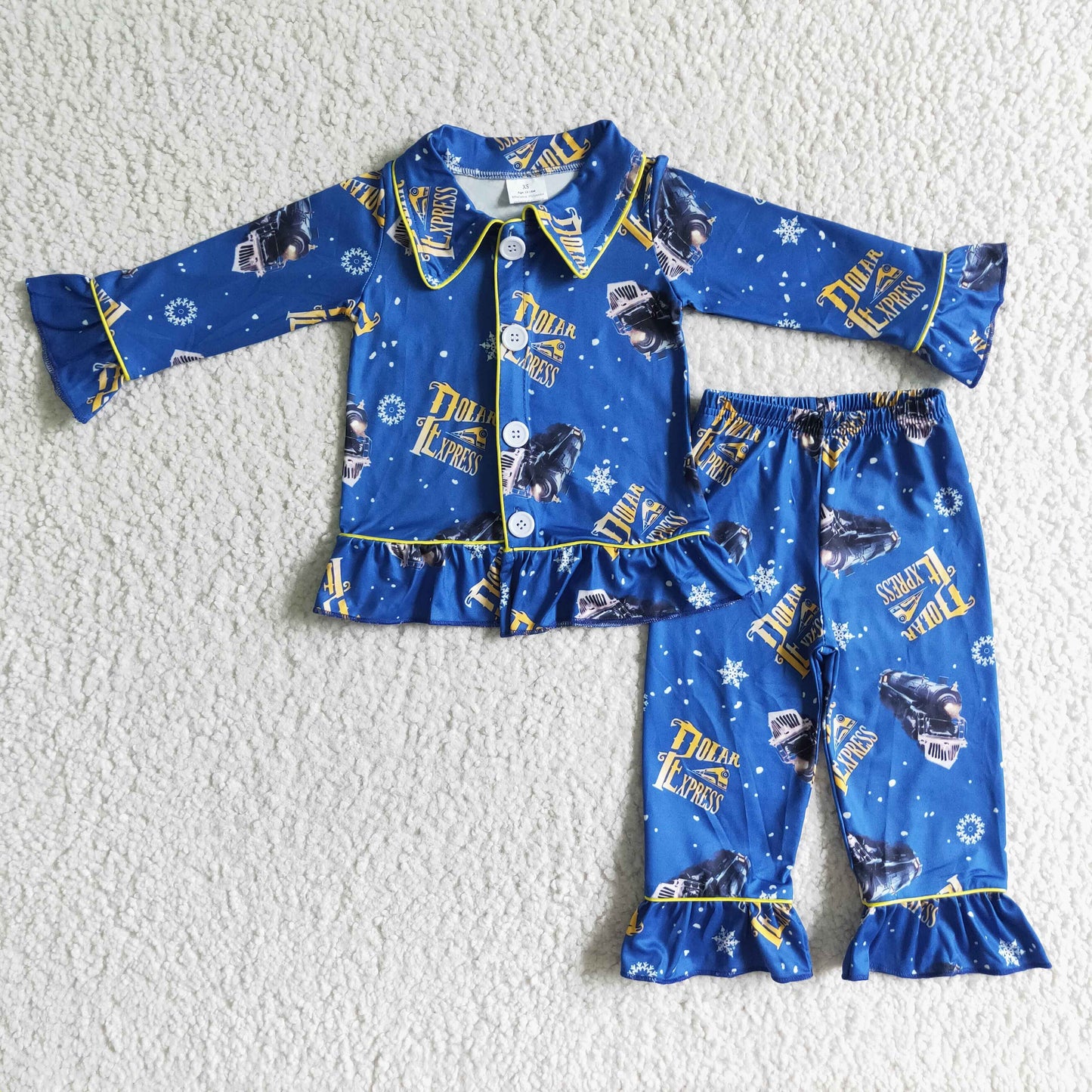 Blue train long sleeve ruffle girl pajamas