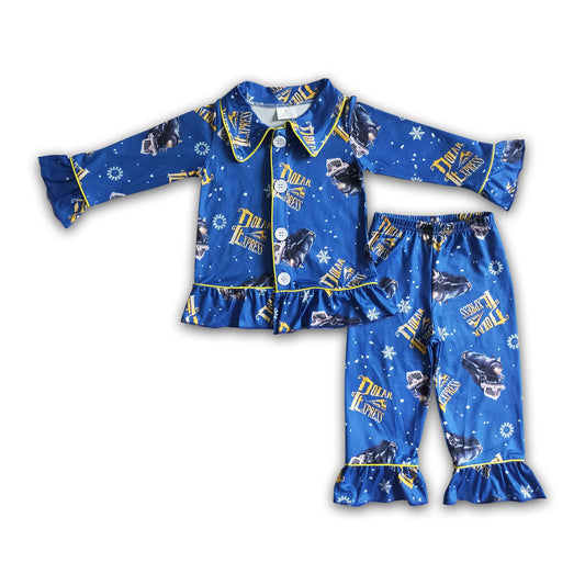 Blue train long sleeve ruffle girl pajamas