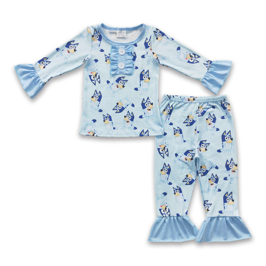 Blue dog ruffle long sleeve girls pajamas