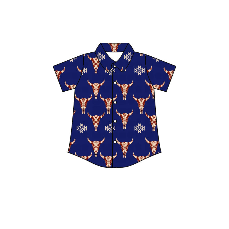 MOQ 5 blue bull skull aztec western boy button up shirt