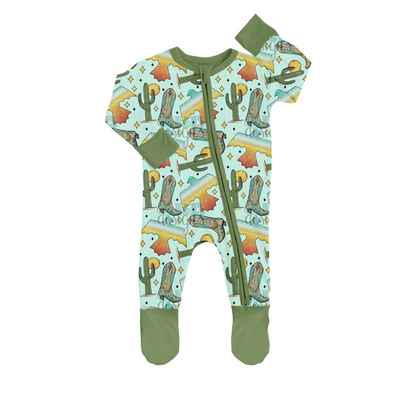 MOQ 5 PCS bird cactus boots baby kids western zipper footed coveralls