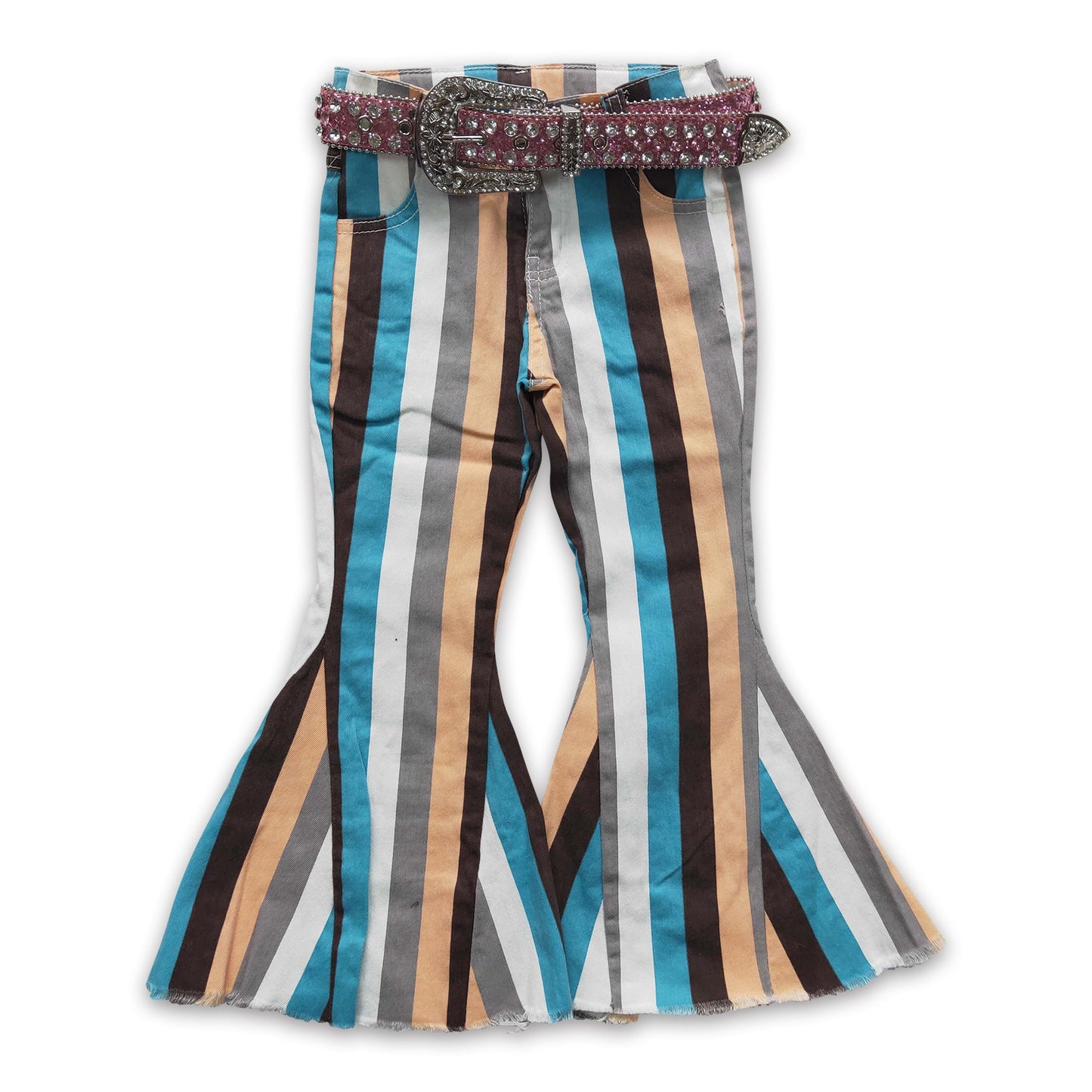 Stripe denim pants kids girls jeans match belt