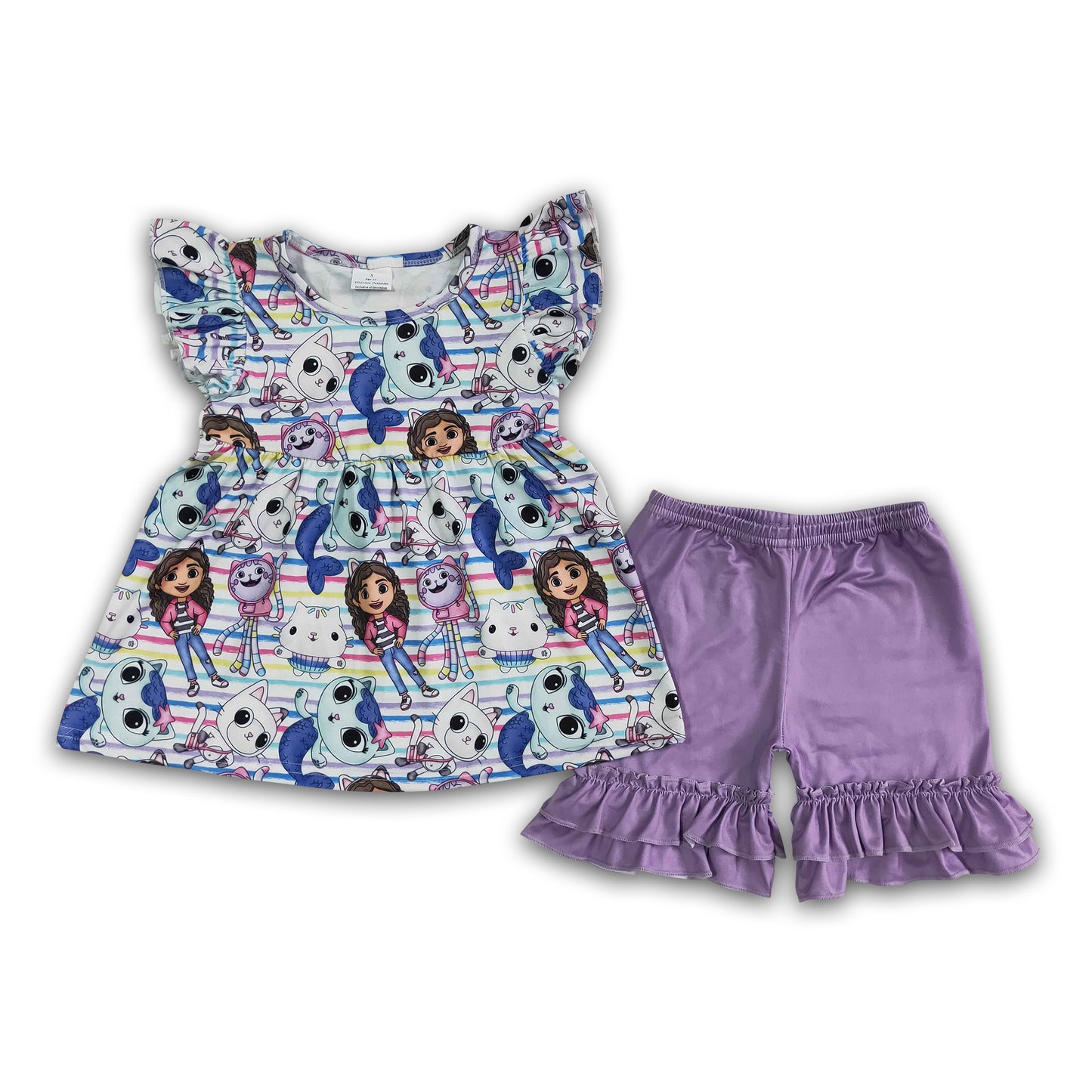 Flutter sleeve cat shirt lavender shorts girls boutique clothing