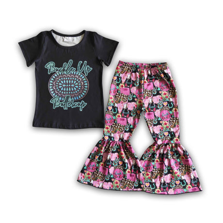 Buckle up buttercup turquoise shirt bell bottom pants girls western clothing