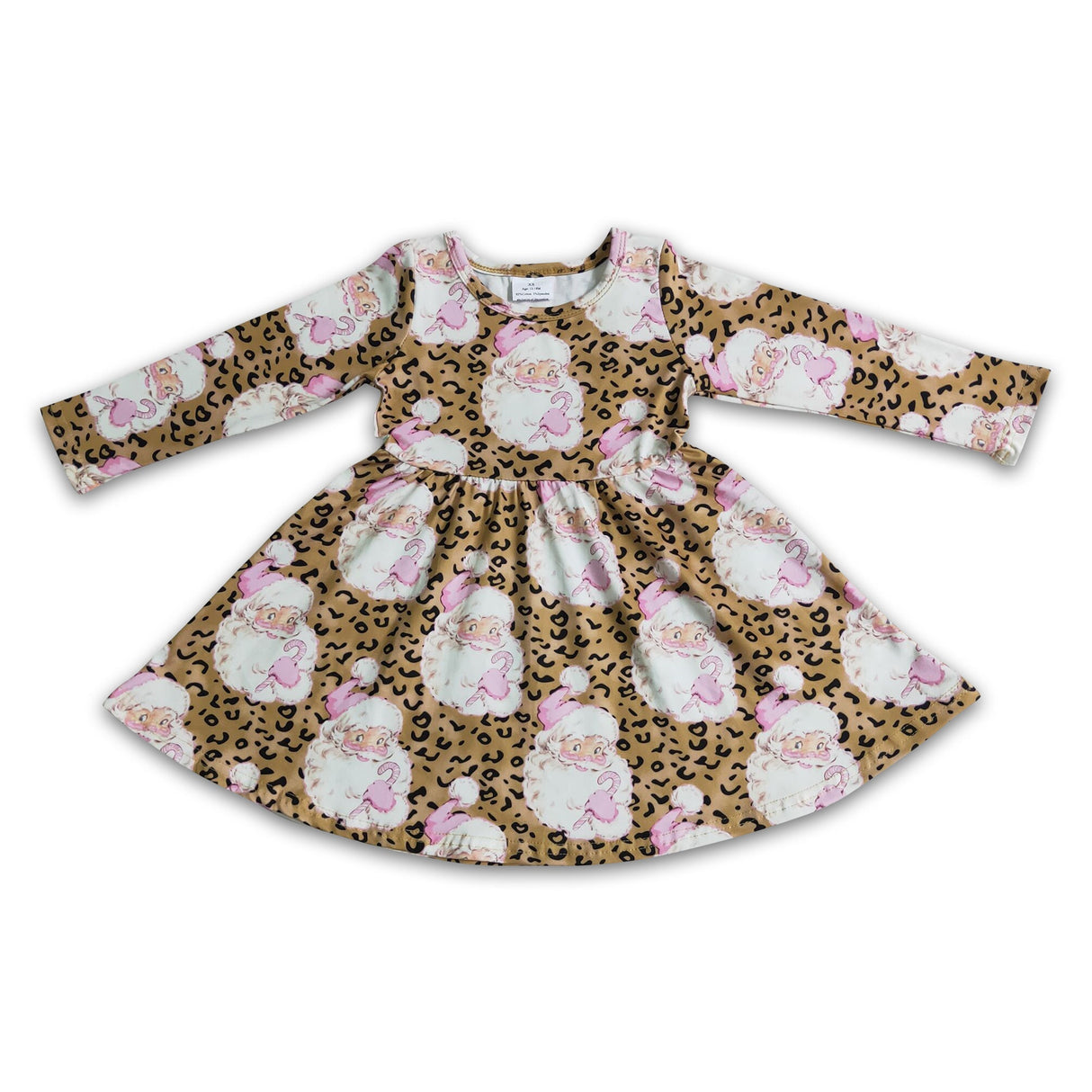 Santa leopard long sleeve girls Christmas dresses