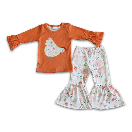 Floral chicken print shirt bell bottom pants girls outfits