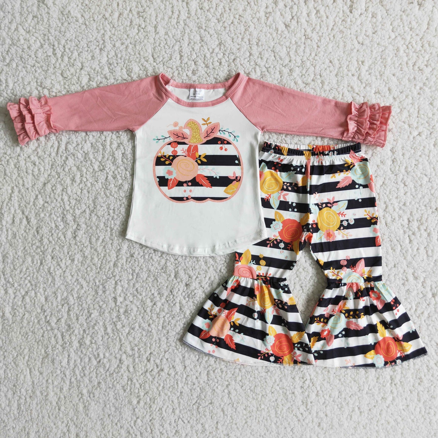 Girl Pumpkin Floral Striped Outfit