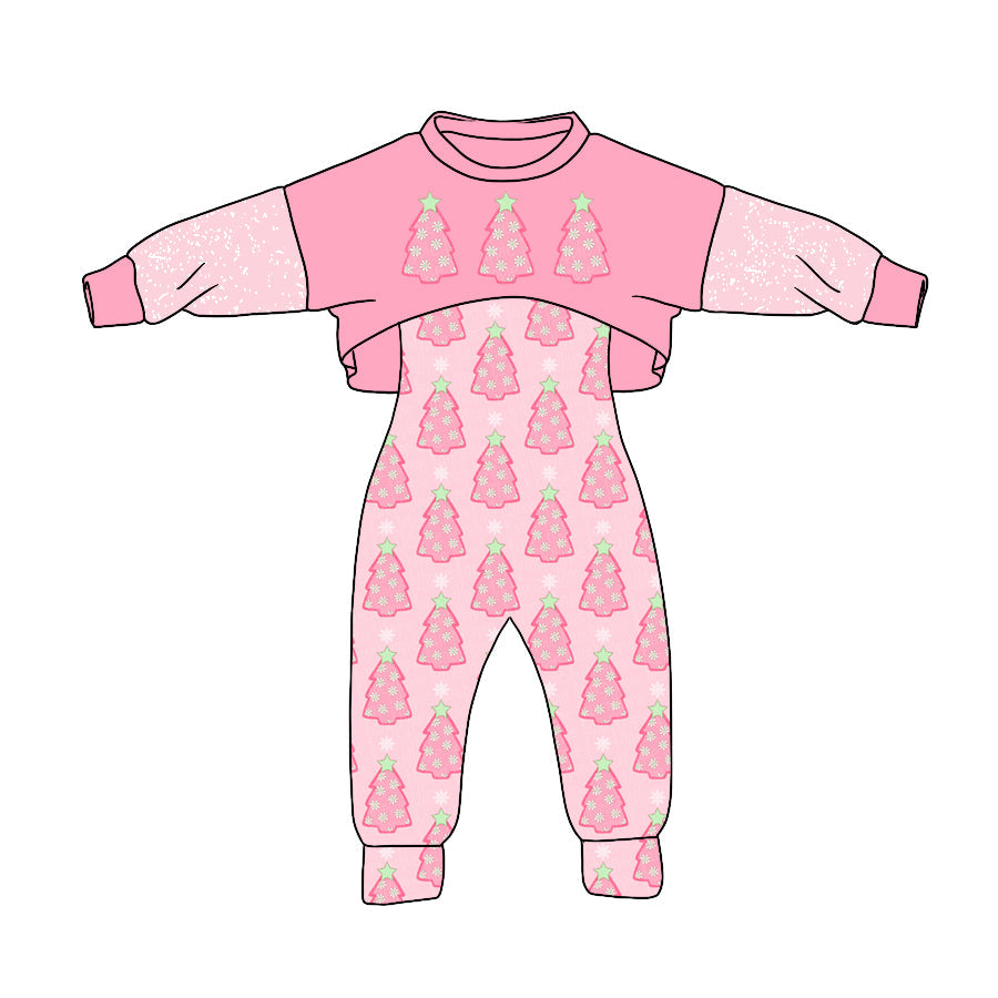 MOQ 5 pink Christmas tree jumpsuit top girls Christmas set