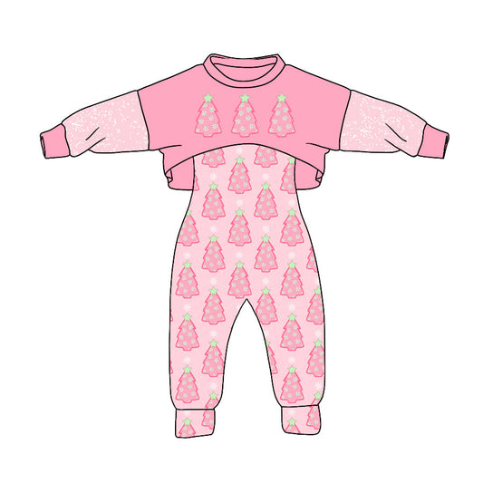 MOQ 5 pink Christmas tree jumpsuit top girls Christmas set