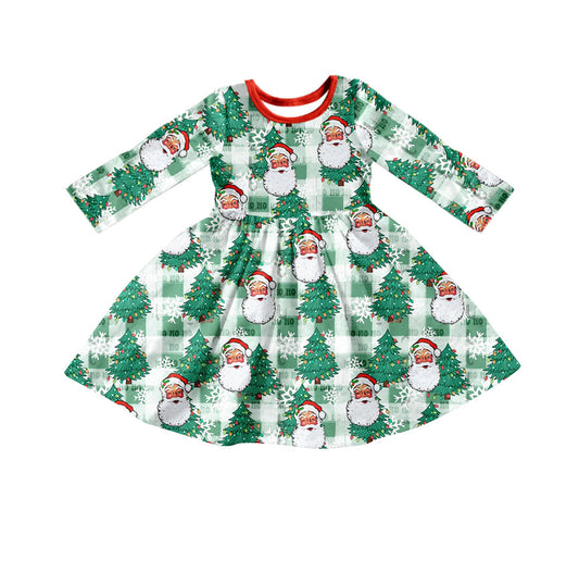 MOQ 5 green plaid santa Christmas tree baby girls dress