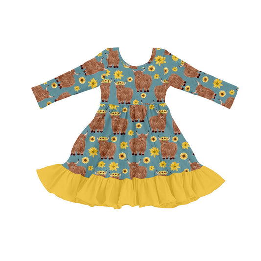 MOQ 5 highland cow yellow floral ruffle girls dresses