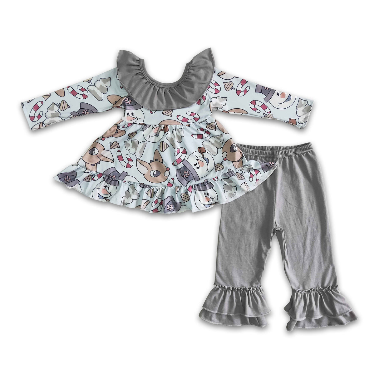 Reindeer print backless tunic ruffle pants girls Christmas clothes