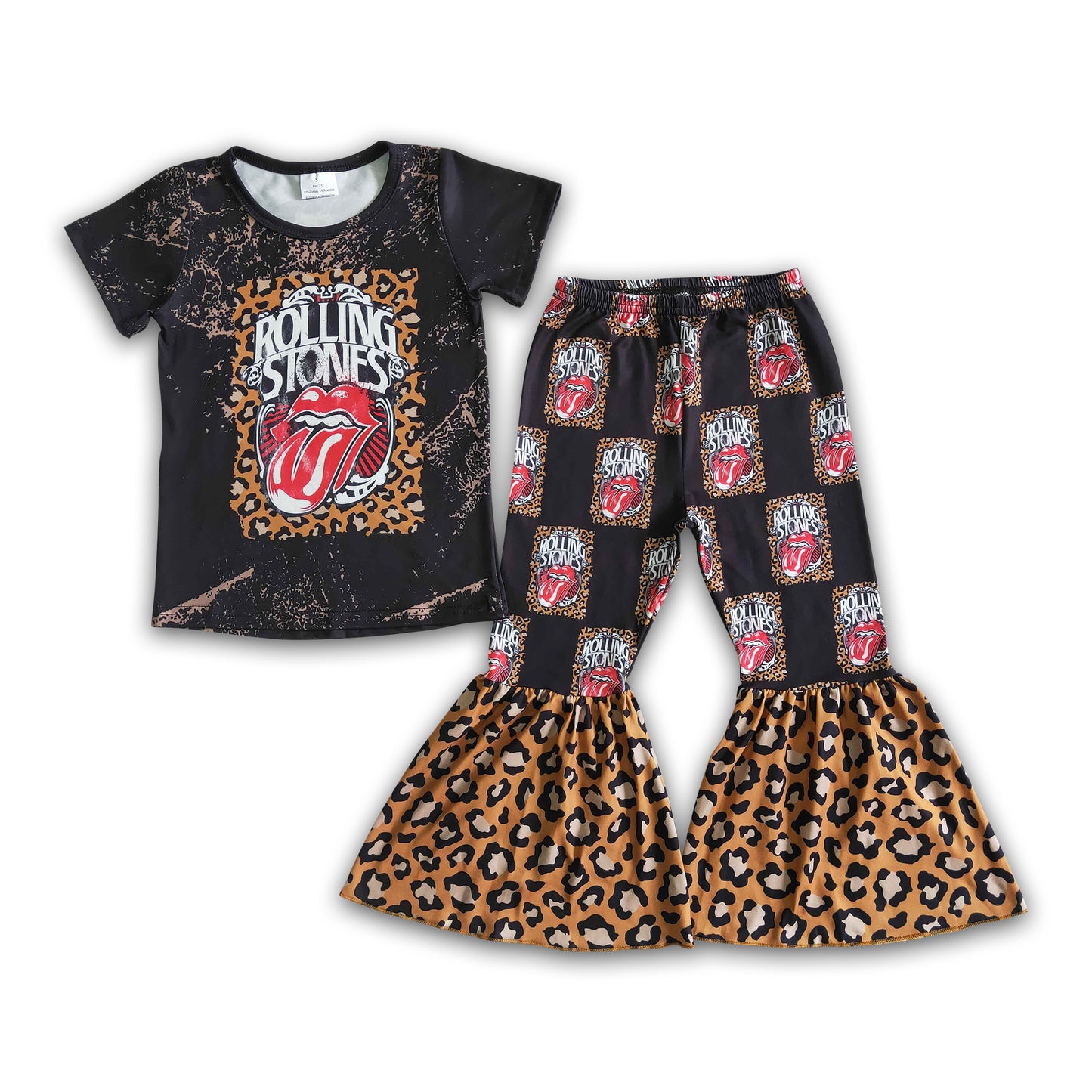 Black bleached shirt leopard tongue bell bottom pants girls clothing set