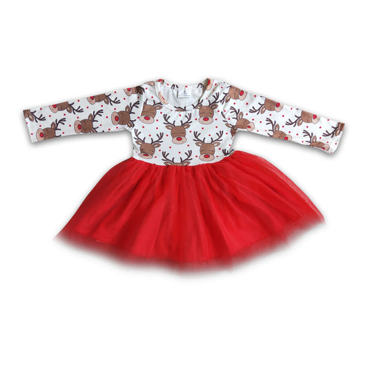 Reindeer print red tulle girls Christmas dresses