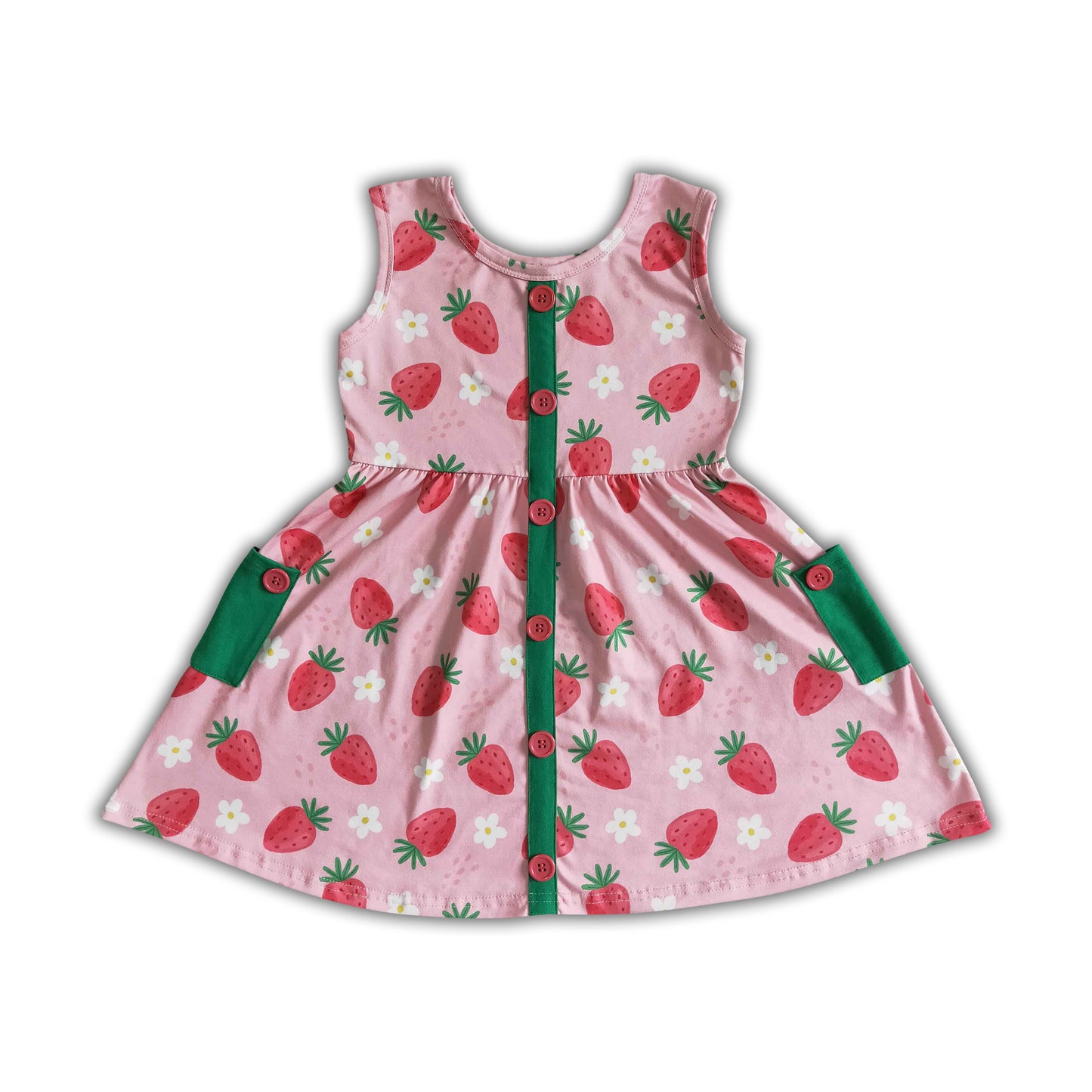 Strawberry sleeveless pocket twirl girls dress