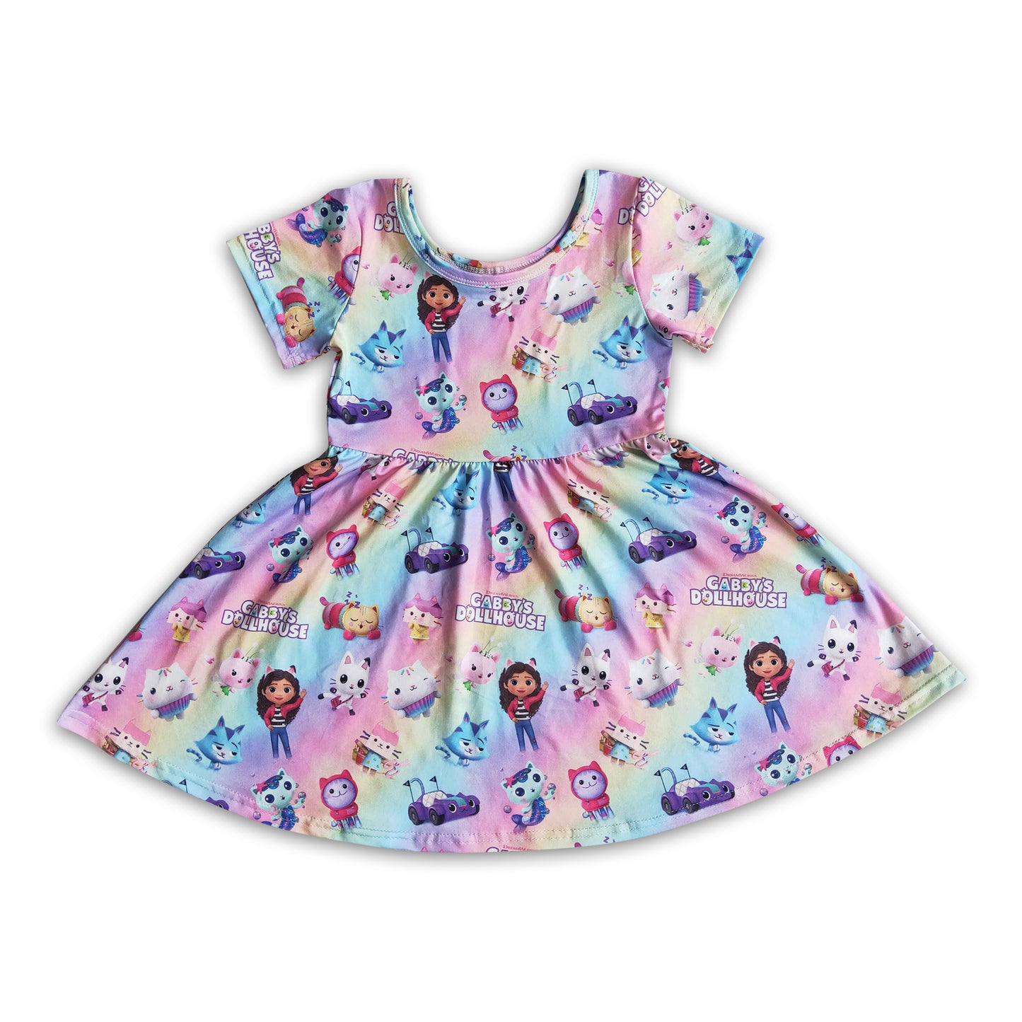 Cute cat print short sleeve baby girls twirl dresses