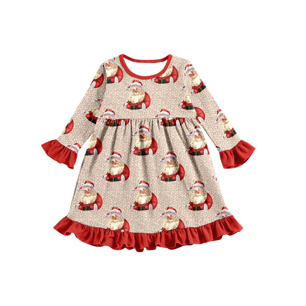 MOQ 5 PCS leopard santa long sleeves baby girls Christmas dress