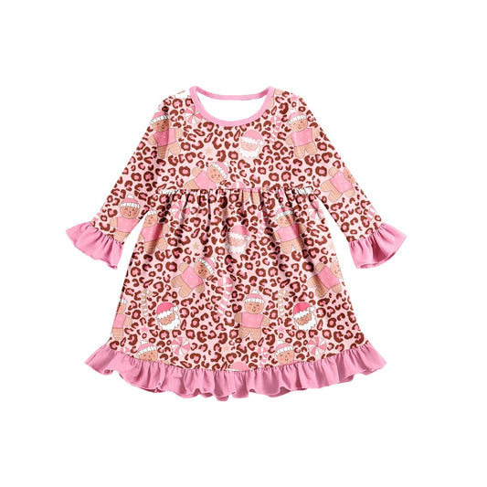 MOQ 5 PCS pink leopard gingerbread baby girls Christmas dress