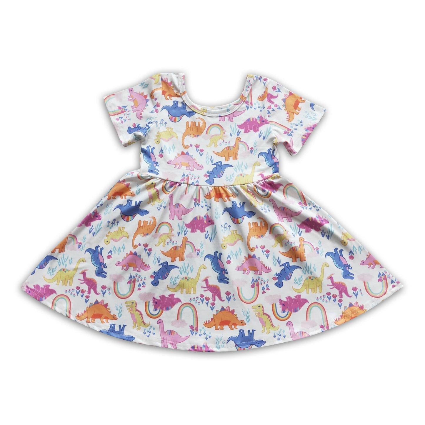 Dinosaur print short sleeve baby girls twirl dresses