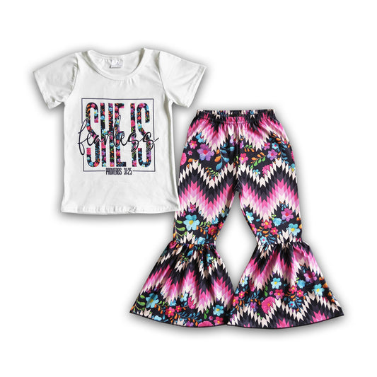 She is fearless shirt bell bottom pants girls clothing set