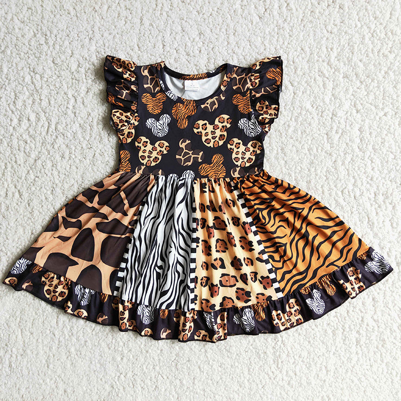 Girl Leopard mouse flutter sleeve panel twirl dresses