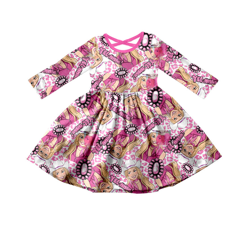 MOQ 5 long sleeves pink leopard party girls dresses