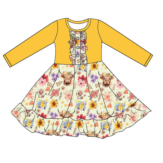 MOQ 5 yellow highland cow floral girls dresses