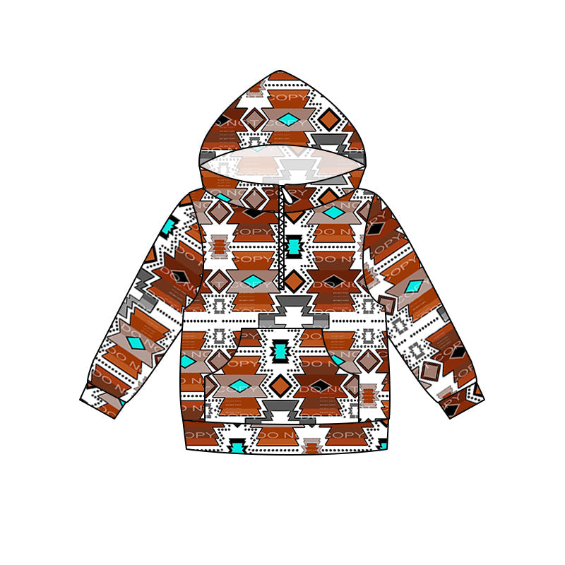 MOQ 5 brown aztec pocket zipper kids hoodie