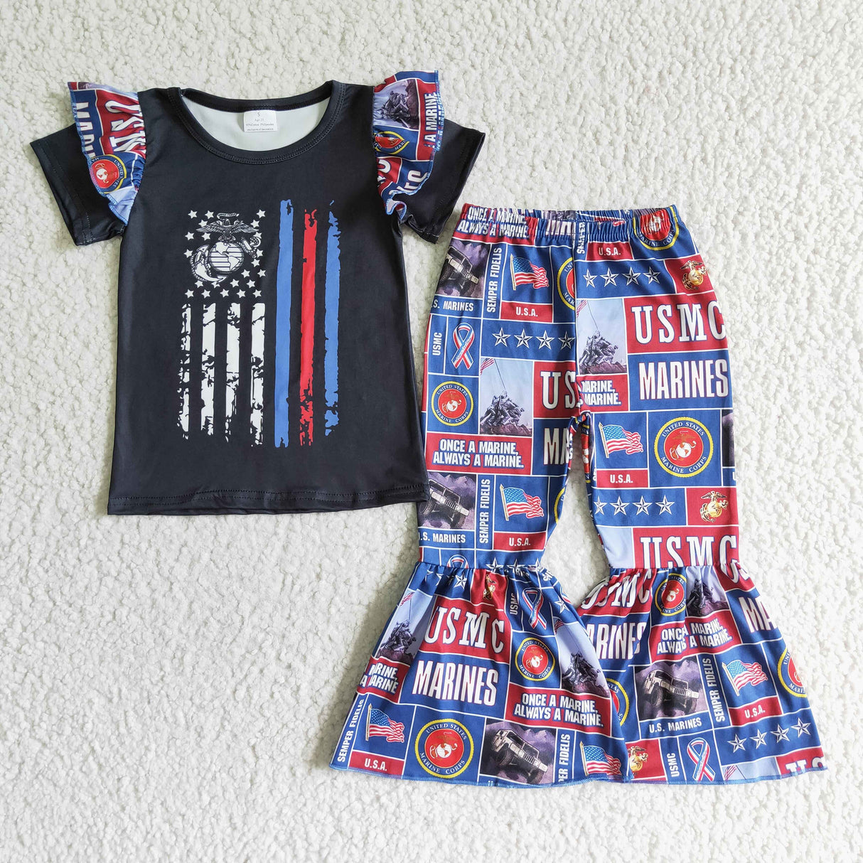 Black screen print girls bell bottom pants outfits