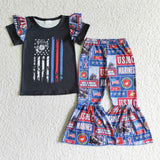 Black screen print girls bell bottom pants outfits