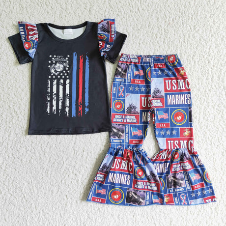 Black screen print girls bell bottom pants outfits