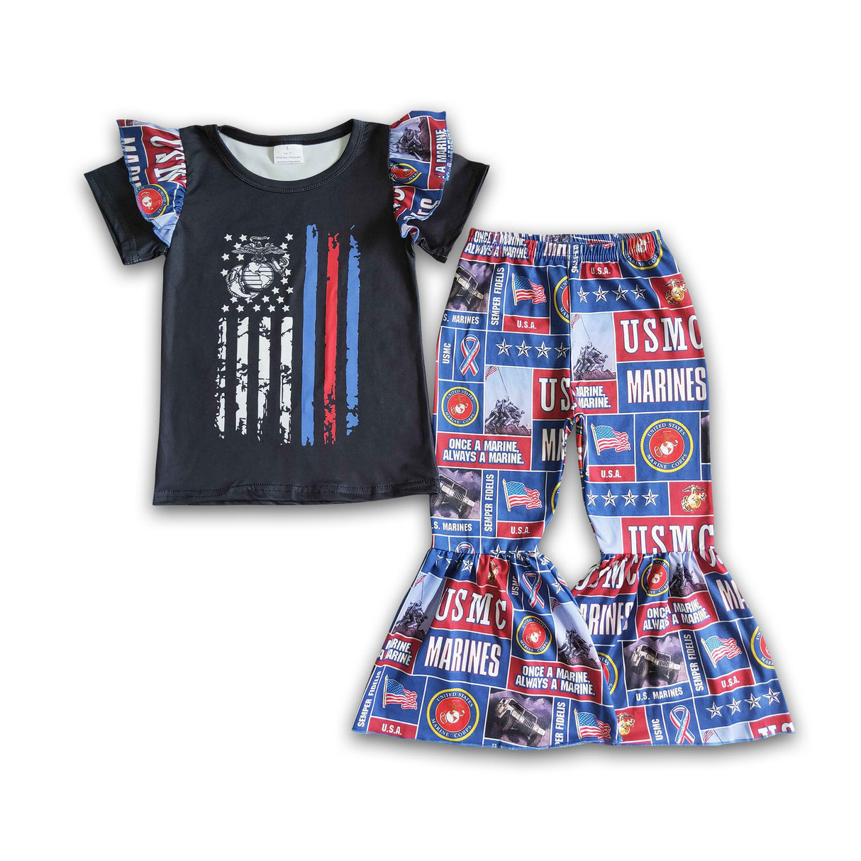Black screen print girls bell bottom pants outfits