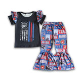 Black screen print girls bell bottom pants outfits