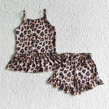 Leopard top match shorts girls summer set