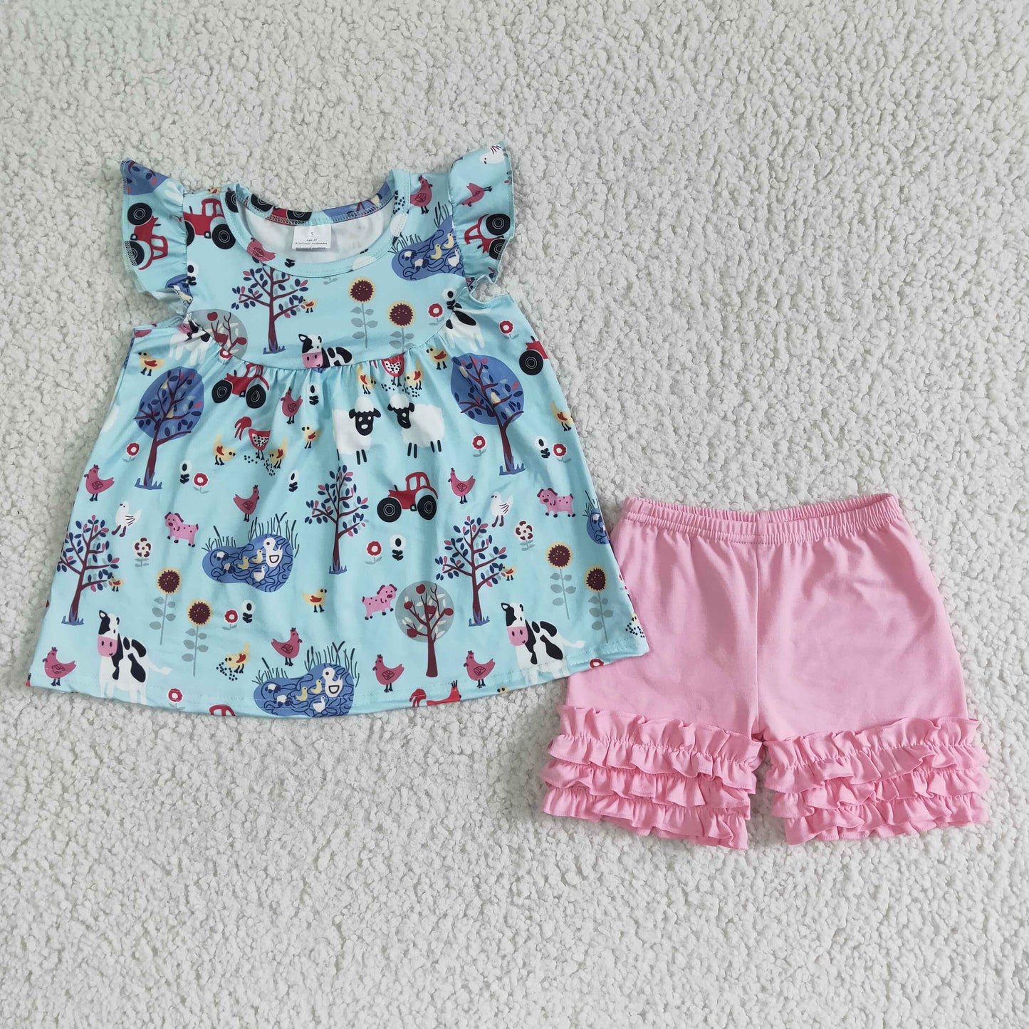 Flutter sleeve farm top pink icing ruffle shorts girls outfits
