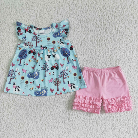 Flutter sleeve farm top pink icing ruffle shorts girls outfits