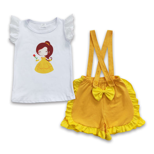 Yellow princess shirt suspender shorts girls  outfits