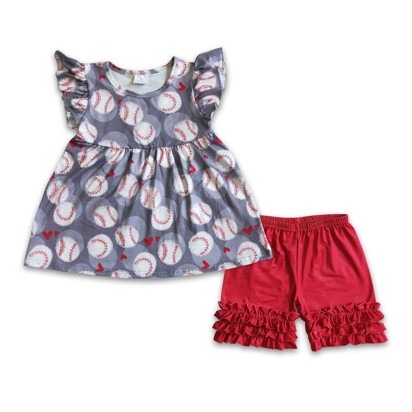 Flutter sleeve baseball top red icing ruffle shorts girls outfits