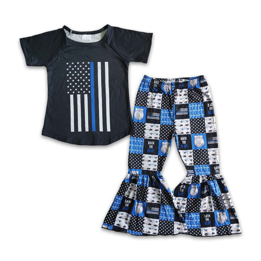 Flag print back the blue pants girls police clothing set