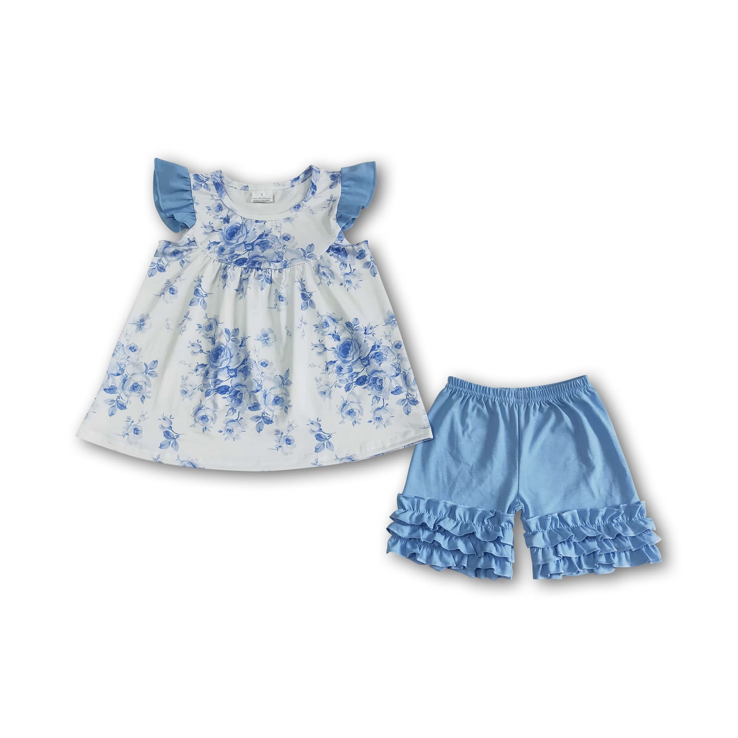 Blue floral icing ruffle shorts girls summer clothing