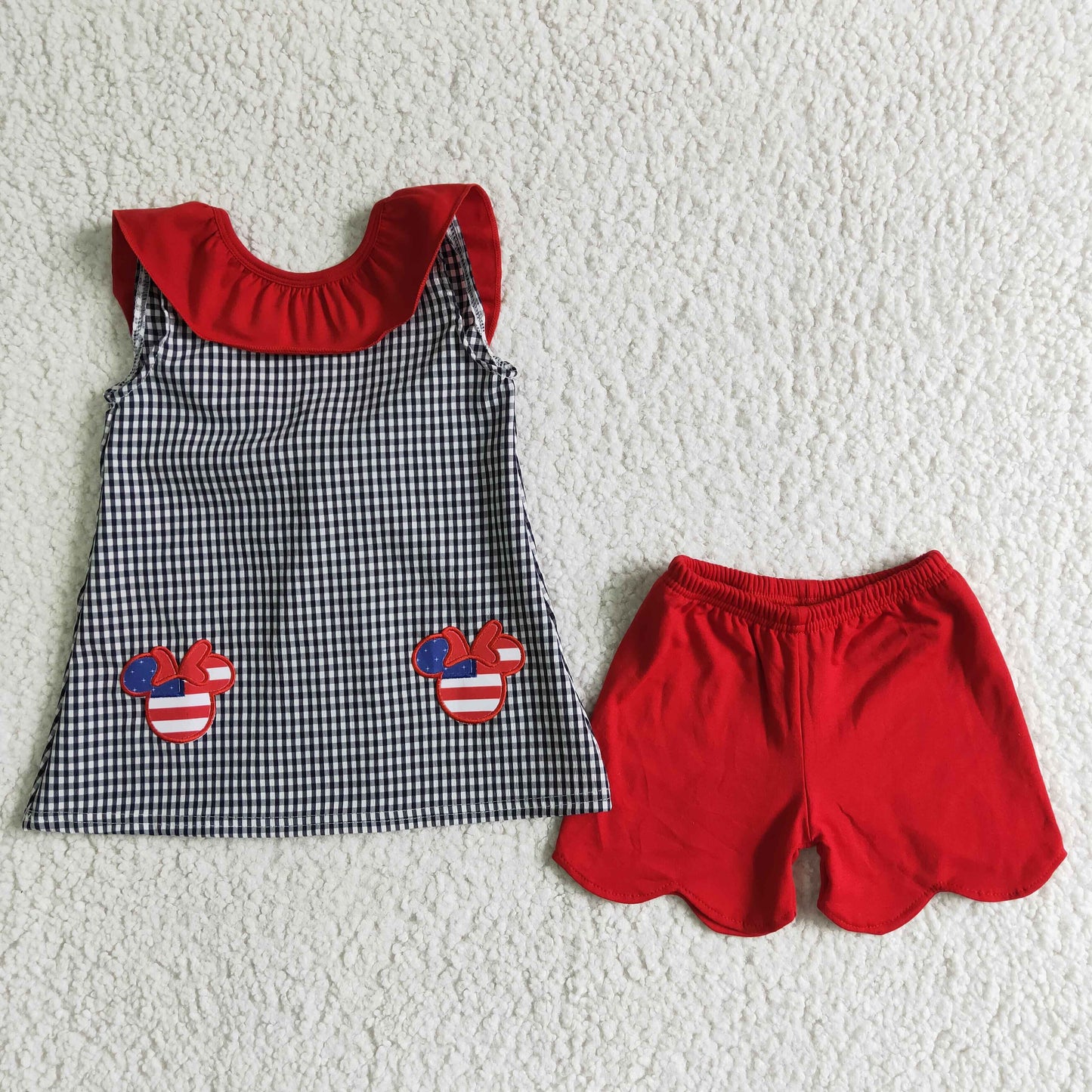 Woven plaid embroidery red shorts girls 4th of july clothing