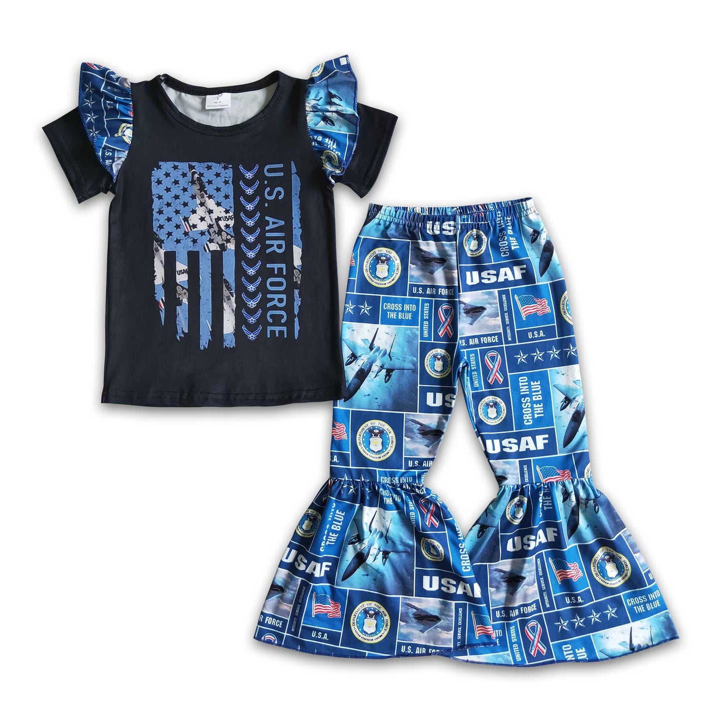 Cross into the blue flag airplain girls clothing set