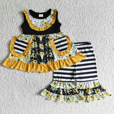 Skull sunflower patchwork pocket capris set girls clothes