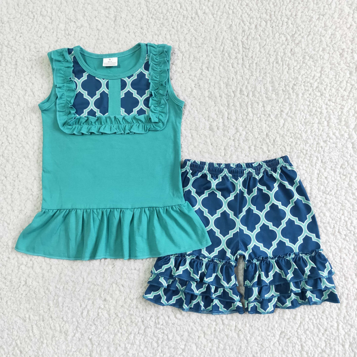 Sleeveless turquoise shirt ruffle shorts girls summer clothing