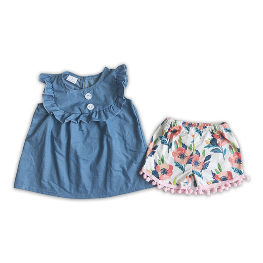 Denim tunic floral pom pom shorts kids clothing