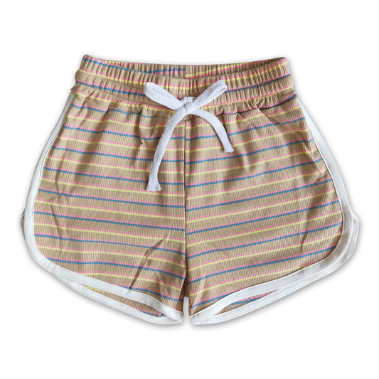 High quanlity cotton Khaki stripe drawstring girls summer shorts
